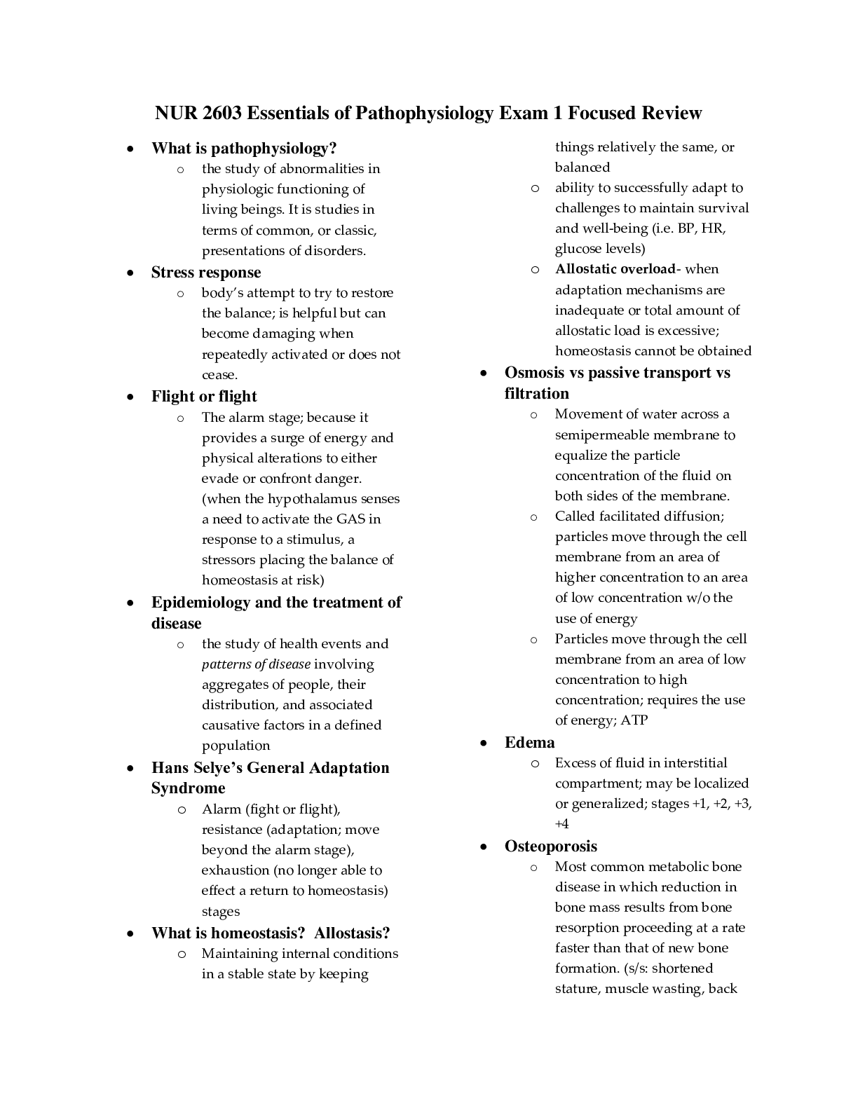 Preview image for NUR 2603 Essentials of Pathophysiology Exam 1 Focused Review